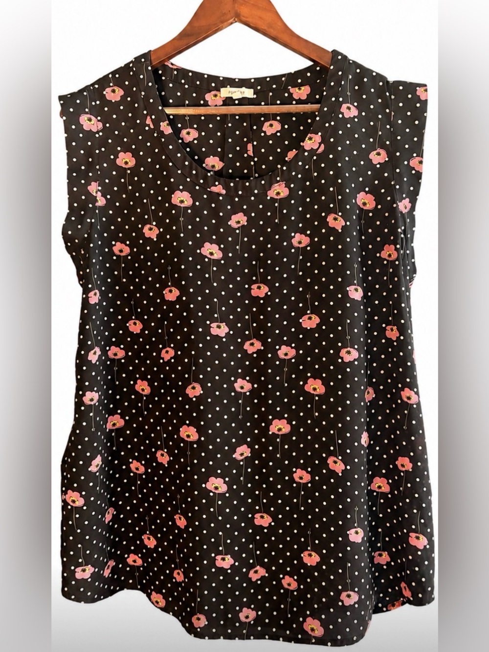 Pleione Black Sleeveless Camisole with Pink Floral & White Polka Dots XL